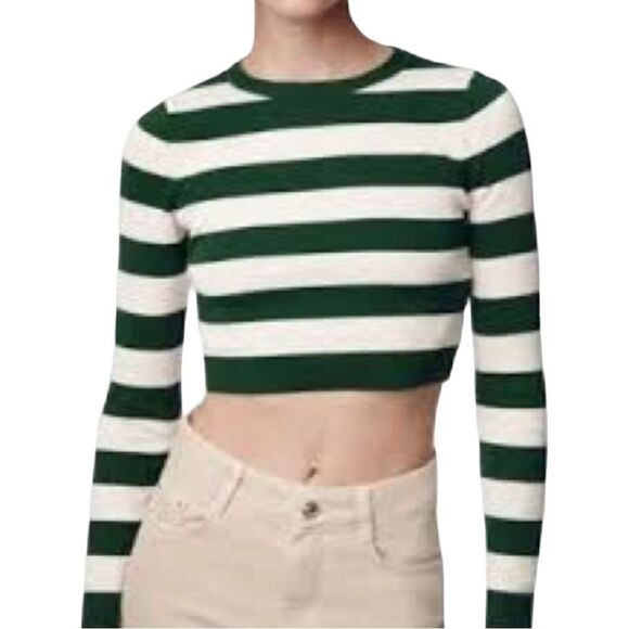 Zara NWOT Green Cream Striped Crop Long Sleeve Crewneck Sweater - Picture 7 of 7